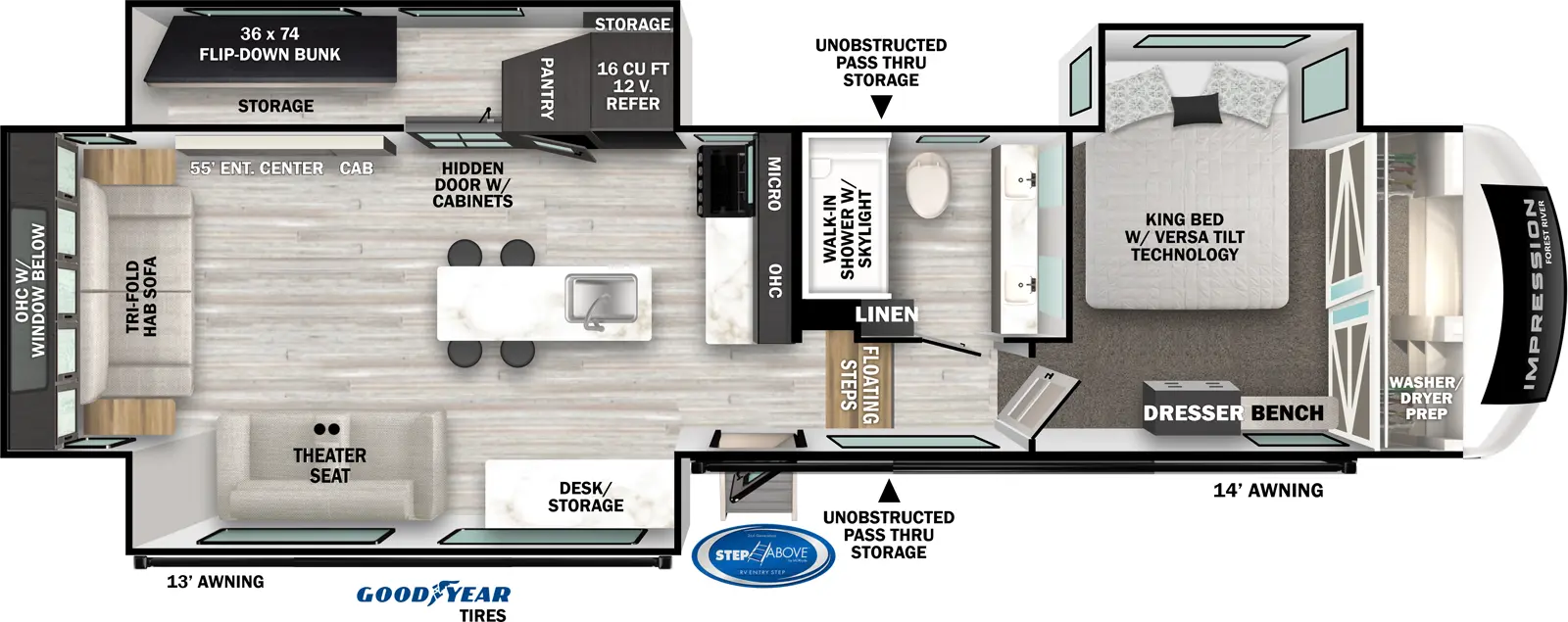 The Impression 318RLVIEW floorplan has three slideouts and one entry. Exterior features a 13 foot awning, 14 foot awning, MORryde Step Above entry steps, Goodyear tires, and unobstructed pass-thru storage. Interior layout front to back: front wardrobe with washer/dryer prep, off-door side king bed slideout with versa tilt, and door side dresser and bench; off-door side full bathroom with walk-in shower with skylight and linen closet; floating steps down to main living area and entry; kitchen island with seating and sink; kitchen counter with overhead cabinet, microwave and cooktop along inner wall; off-door side slideout with 12V refrigerator, pantry, hidden door with cabinets with flip down bunk, and storage behind, and entertainment center; off-door side slideout with desk/storage, and theater seat; rear tri-fold hide-a-bed sofa with overhead cabinet with window below.